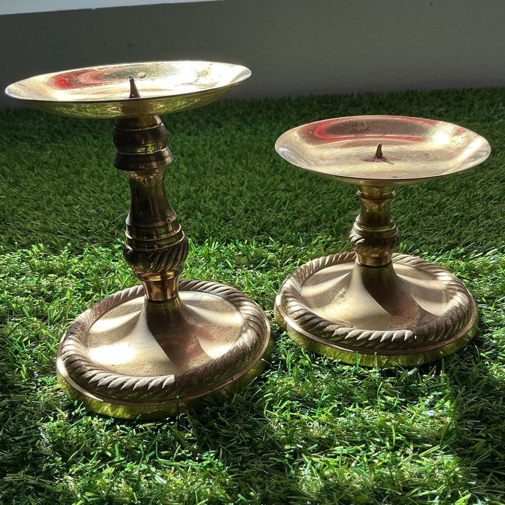 Vintage Brass Tone Pricket Candle Holders Pair Graduated Rope Trim Pillar